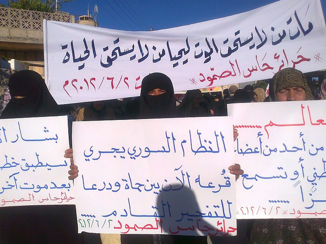 Anti-war protest in Idlib. Syria, 2012. Banner translation: "People who didn't deserve death have died so people who don't deserve life could live."