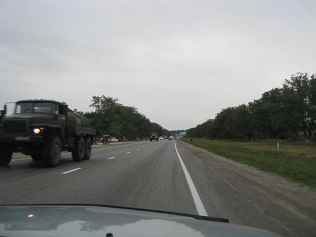 Russian military trucks leaving Georgia. August 2008.