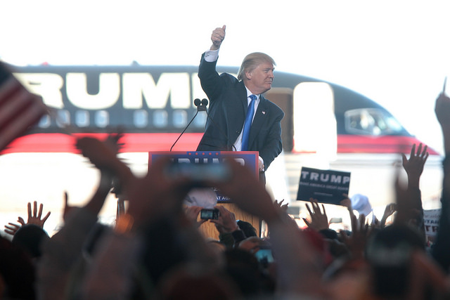 Photograph of Donald Trump at Mesa Gateway Airport in Arizona by Gage Skidmore published under a Creative Commons License