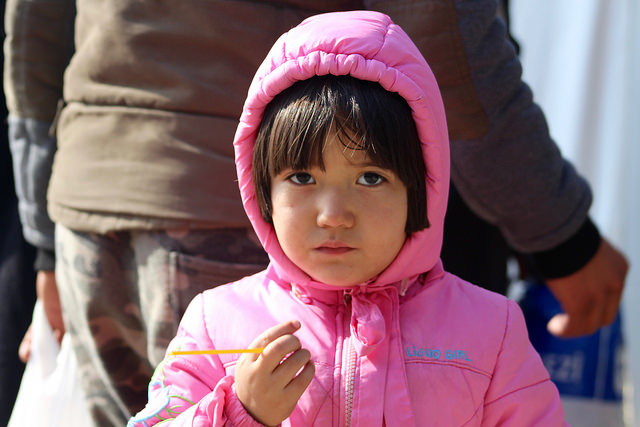 A child in Presevo refugee centre. Serbia, 2015.
